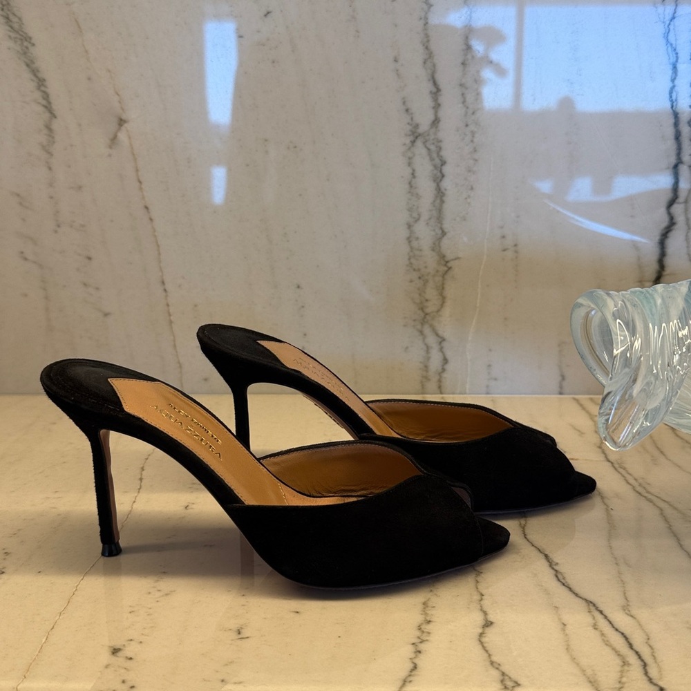 AQUAZZURA  Alex Rivière 85 Black Suede Peep-toe Mules 35/5 (actual photos soon) - Picture 3 of 11